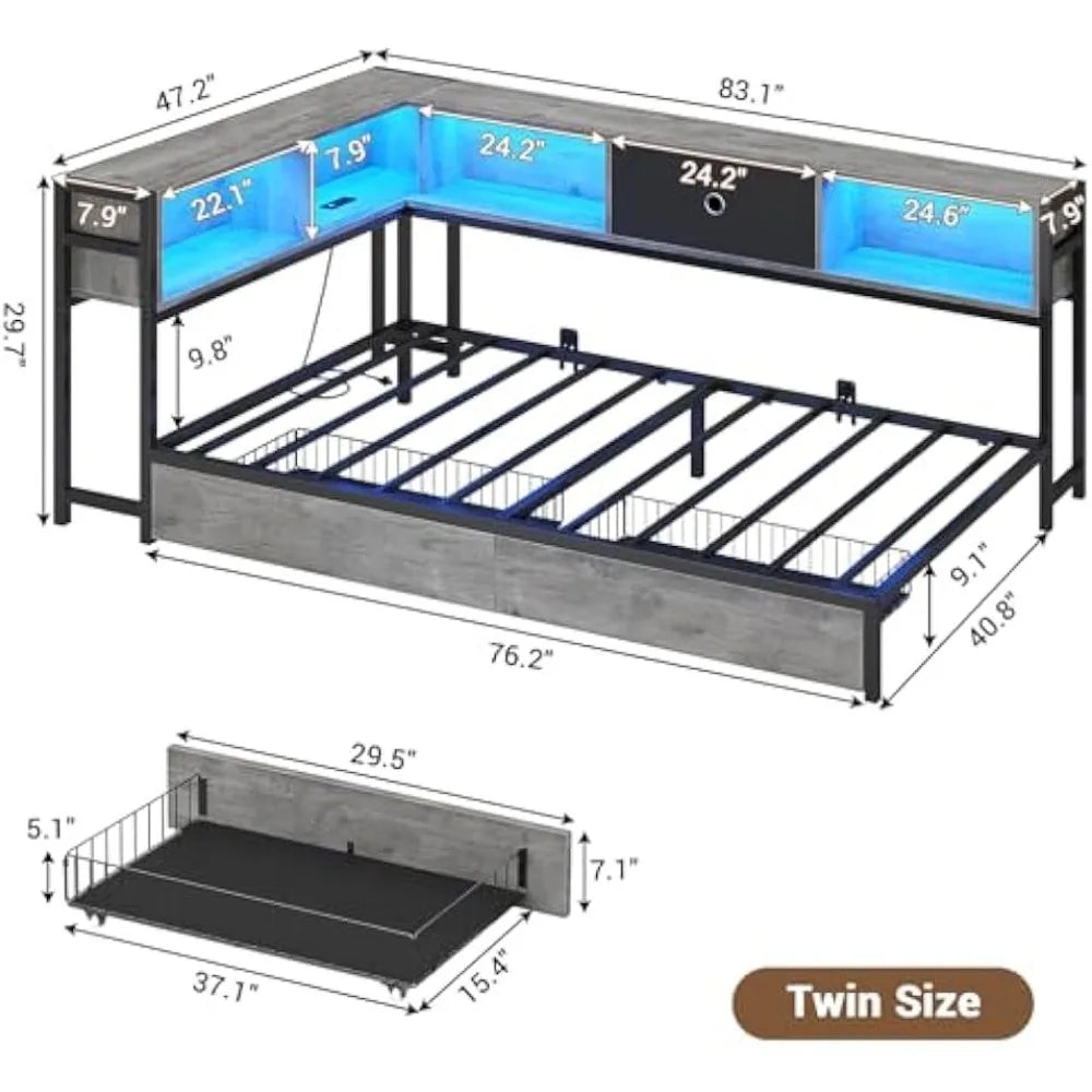 Corner Bed Frame Twin Size with Bookcase