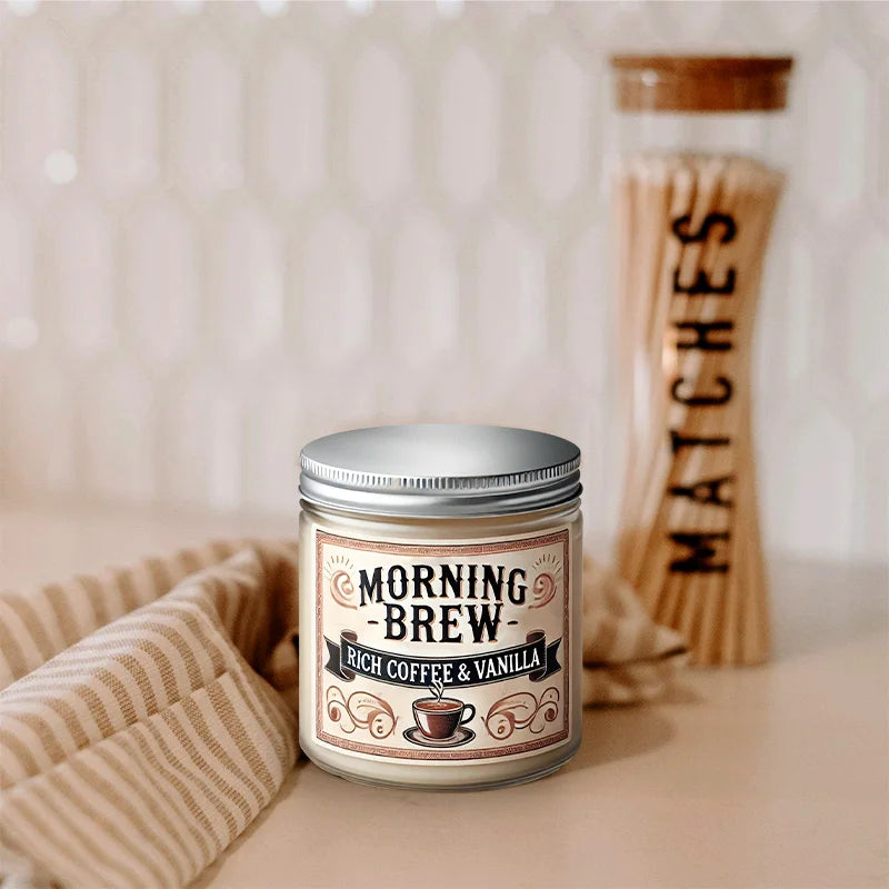 Morning Brew Rich Coffee and Vanilla Scented Candle, Hand Poured Soy Wax, Single Wick, Resin Jar with Glitter Decoration, for Ho