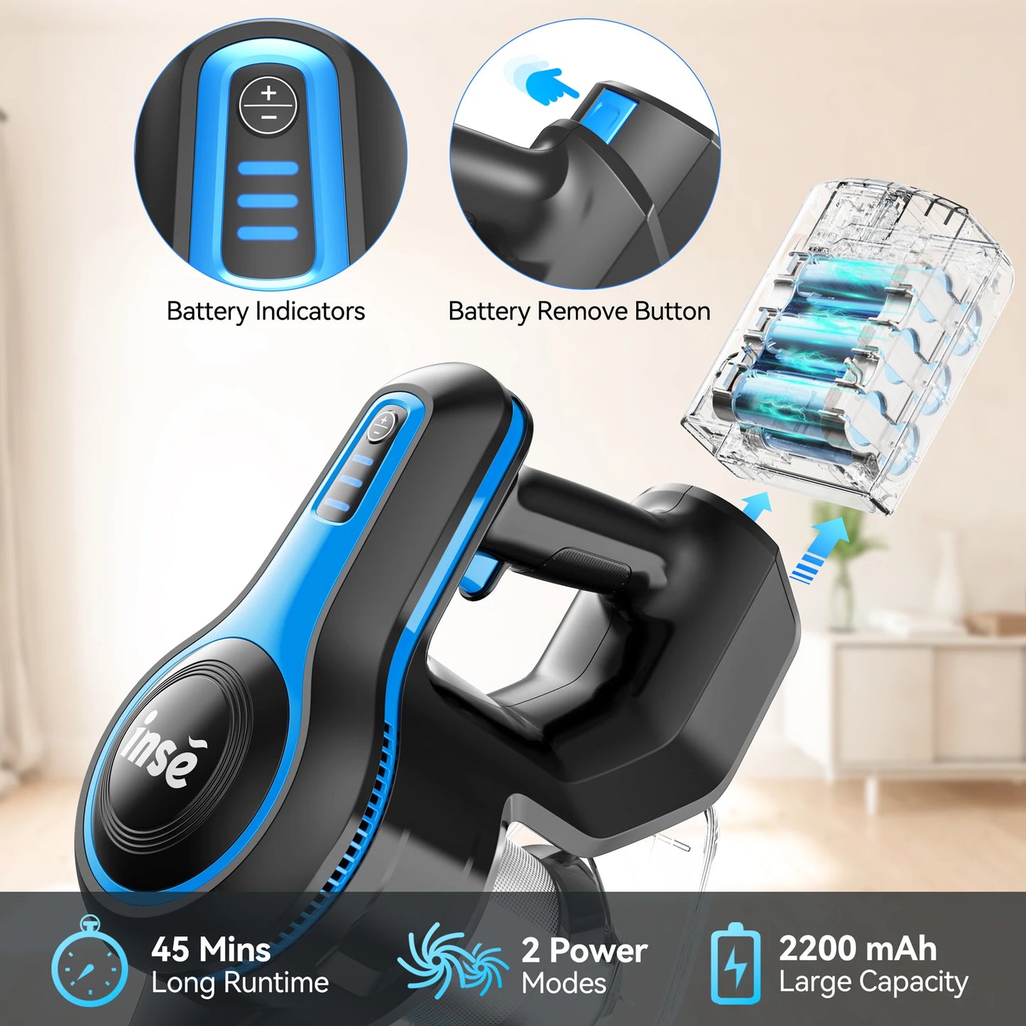 Wireless Vacuum Cleaner 20Kpa Suction Power, Removable Battery