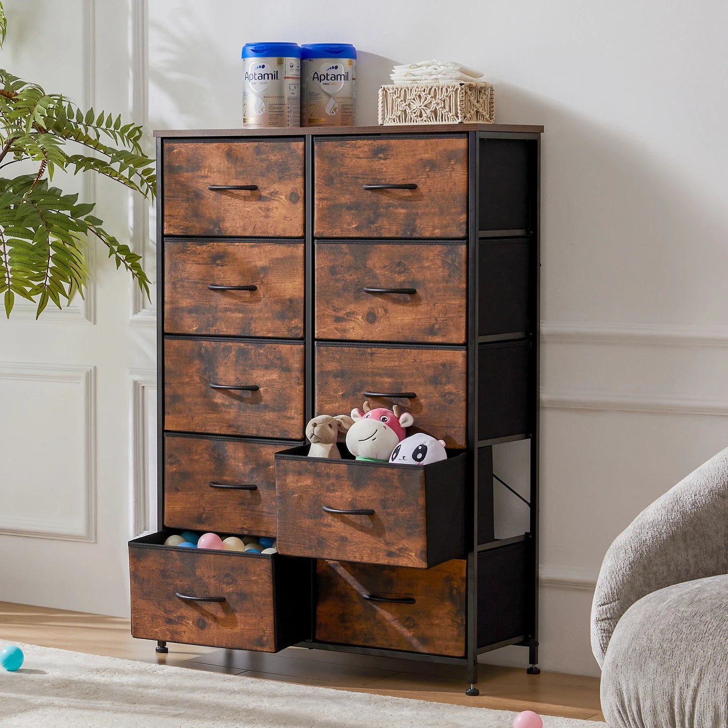 Bedside Table For Bedroom With 10 Fabric Drawers