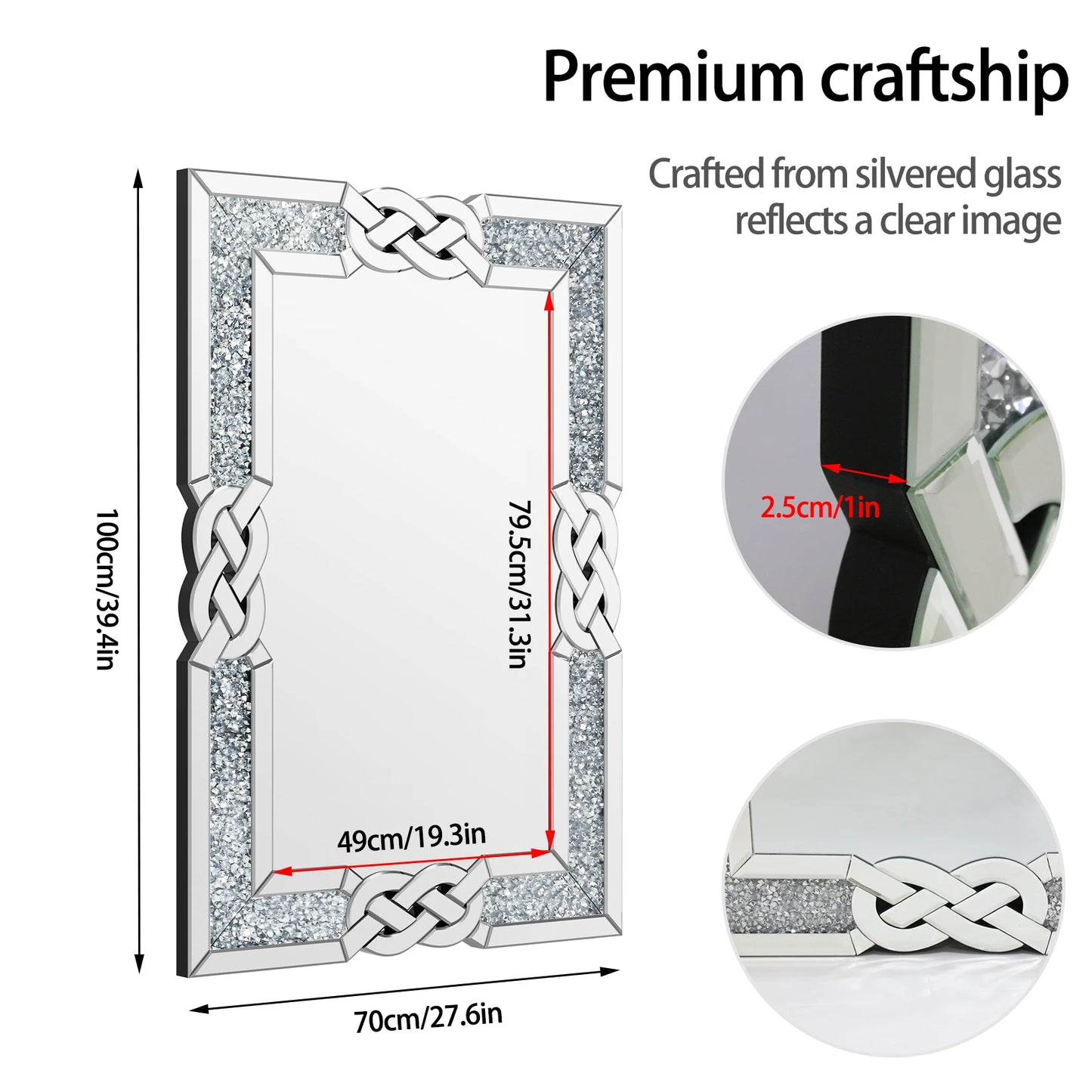 90/100/120CM Large Crystal Crush Diamond Mirror Vanity Silver