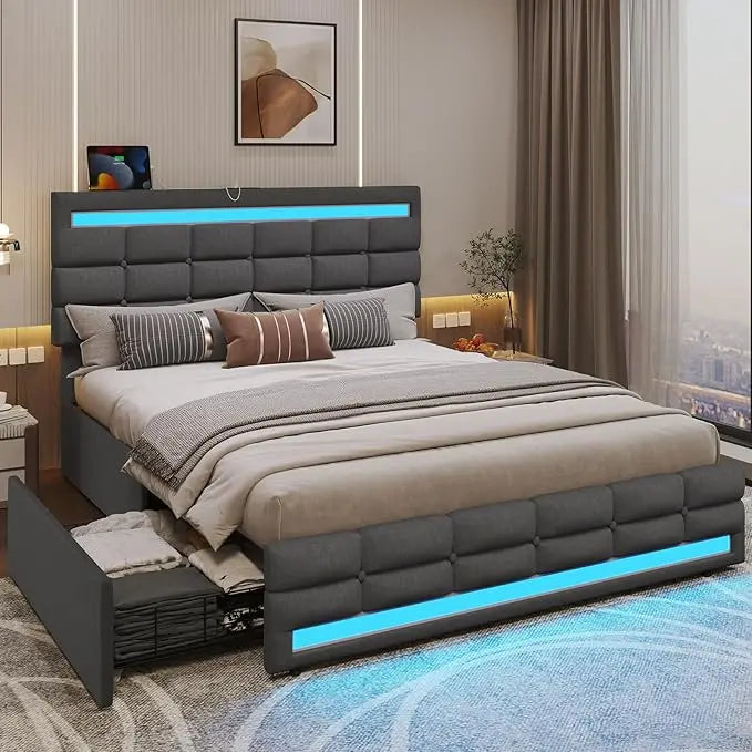 Bed Frame with Drawers, LED Bed Frame