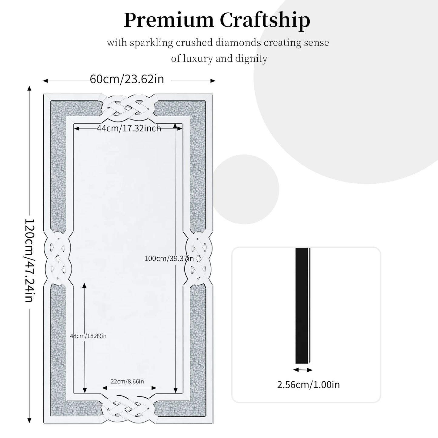 90/100/120CM Large Crystal Crush Diamond Mirror Vanity Silver