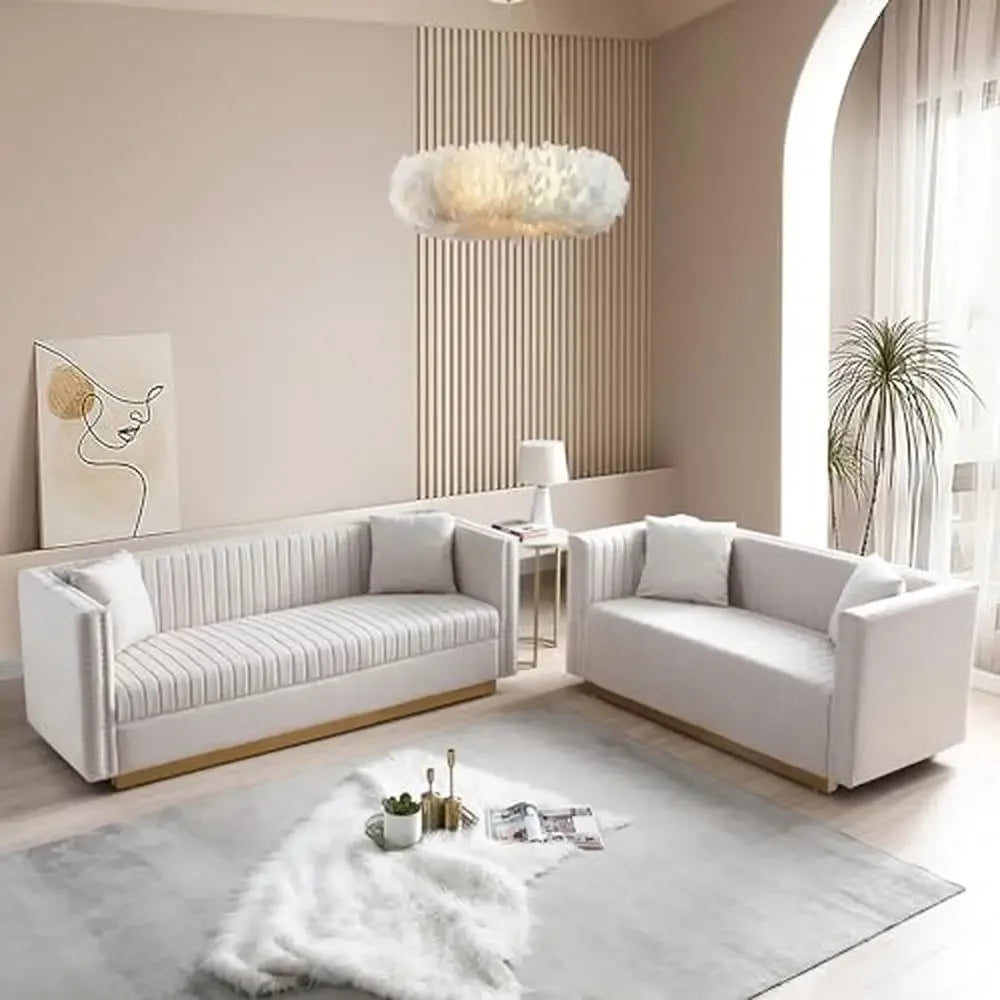 Velvet Channel Tufted Sofa Set With Nail