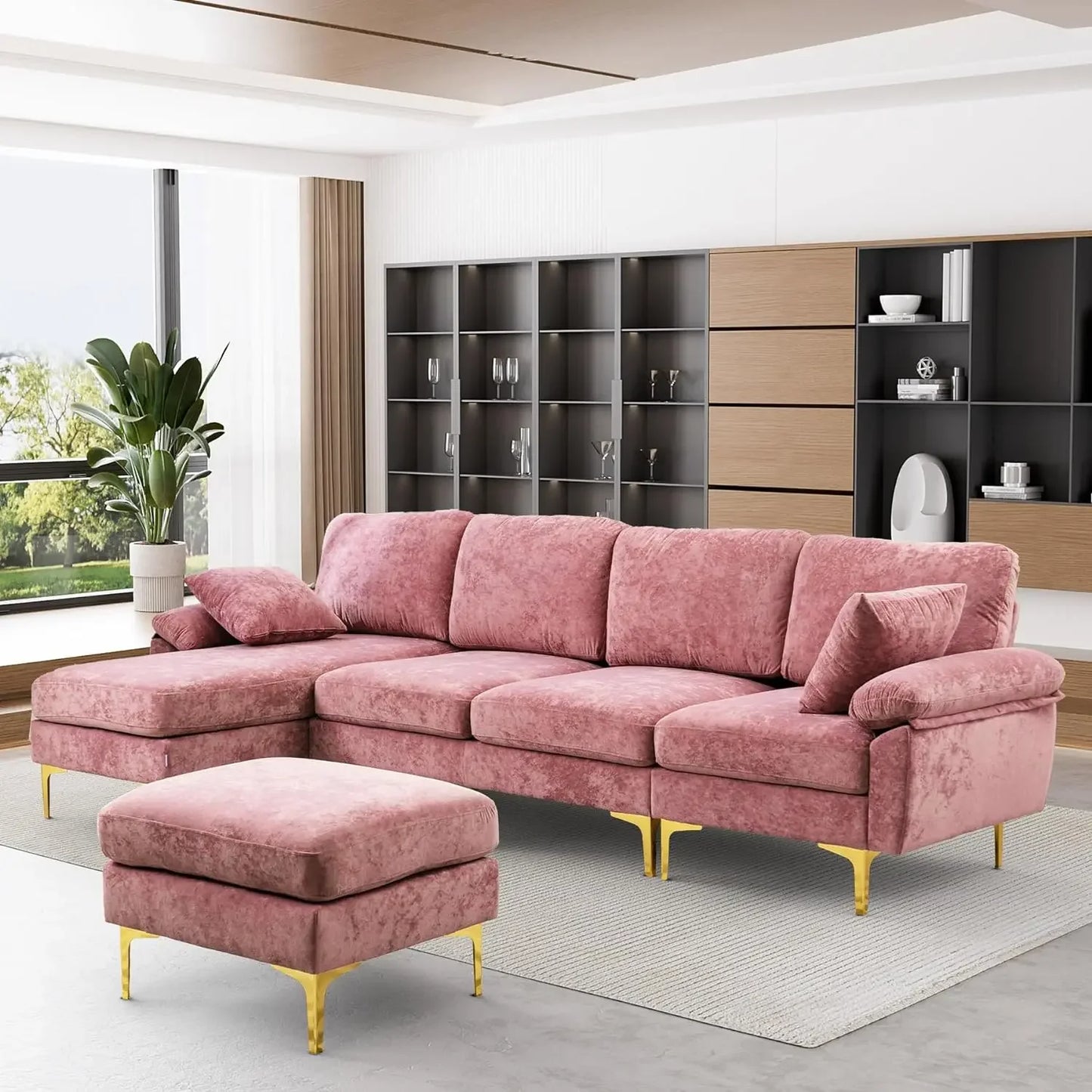 U-Shaped Sectional Sofa Couch, 4 Seat Sofa Set for Living Room, Convertible L-Shaped Velvet Couch Set with Chaise Lounge