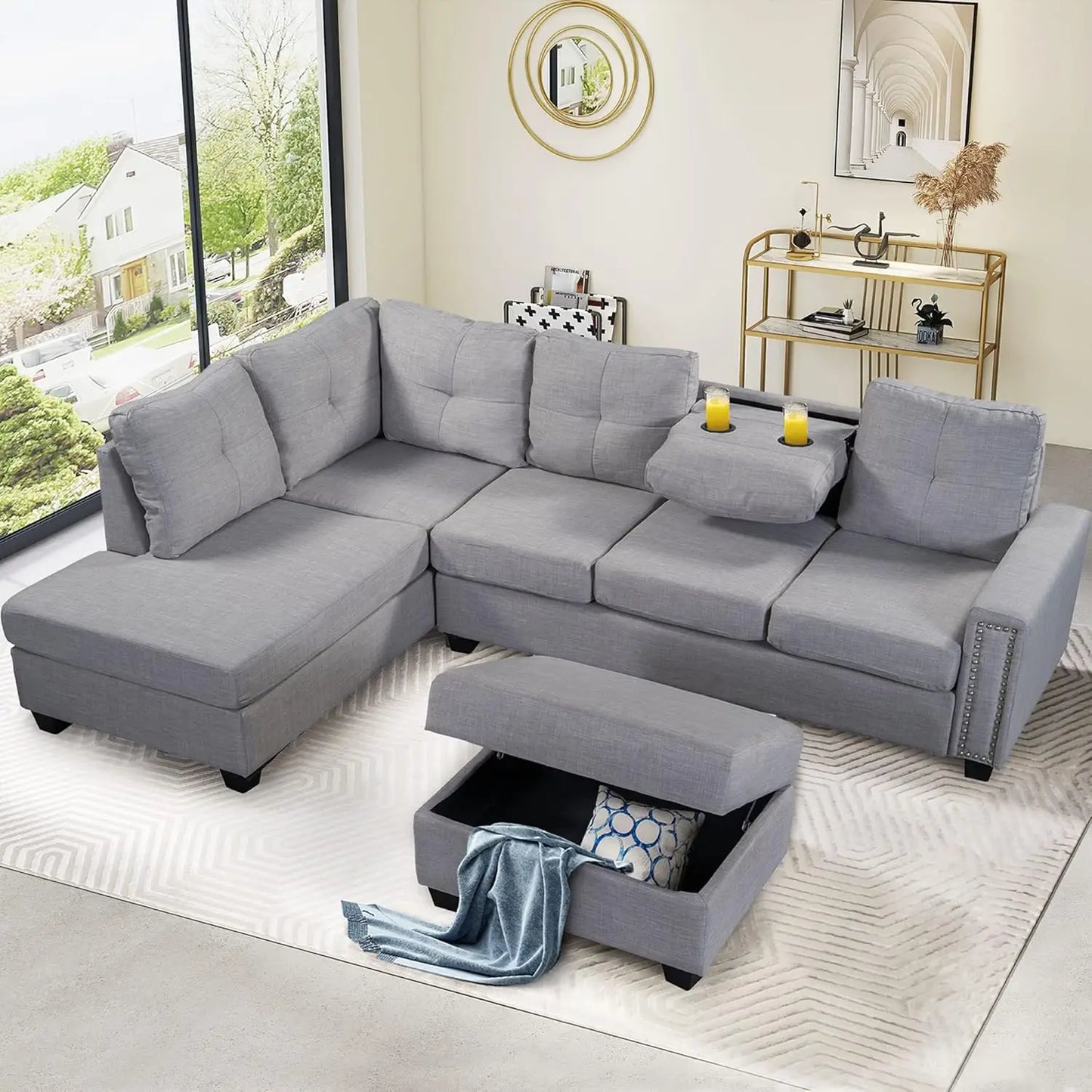 L-Shaped Couch With 2 Pillows Reversible Chaise Lounge.