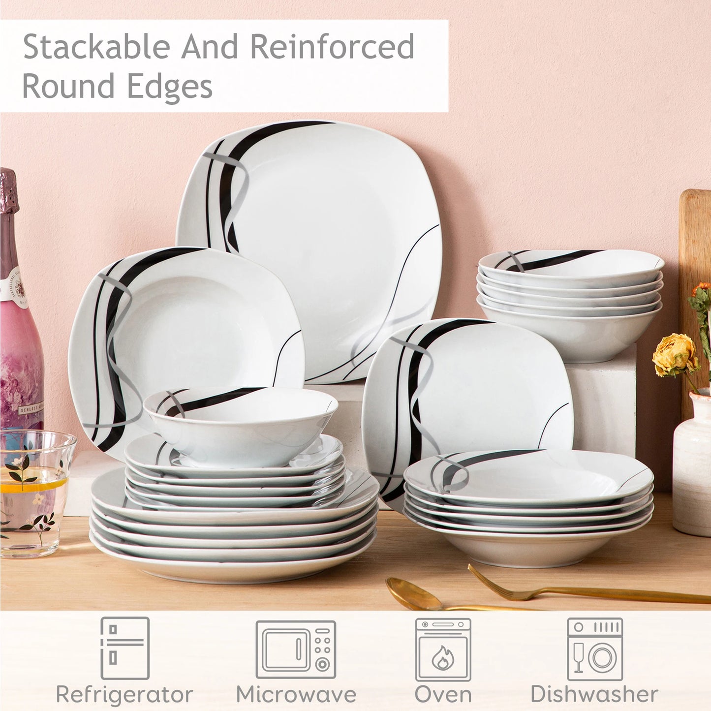 18/36-Piece Porcelain Ceramic Black Line Kitchen Tableware