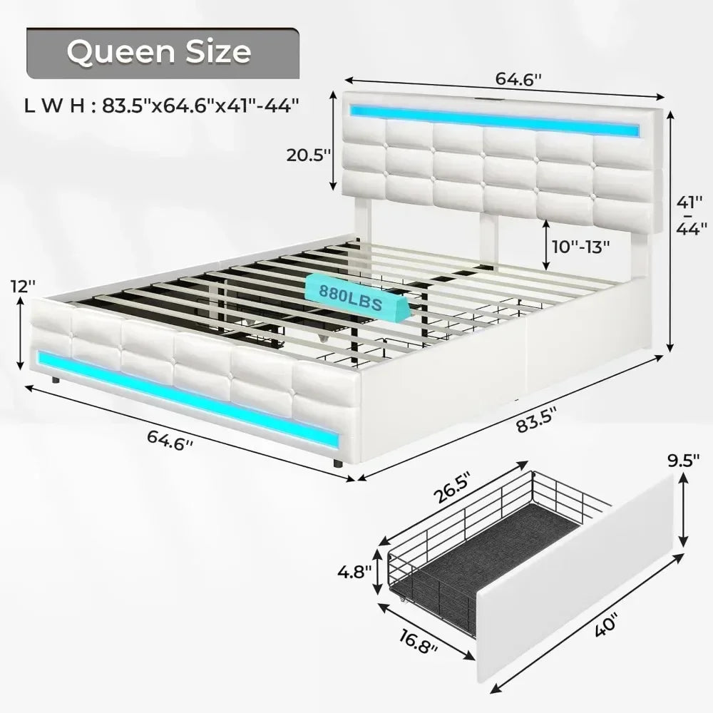 Bed Frame with Drawers, LED Bed Frame